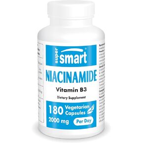 Supersmart - Niacinamide 2000mg per Day (Nicotinamide) - Flush Free Vitamin B3 Niacin - Skin & Cells Health - Anti Aging - Antioxidant Supplement | Non-GMO & Gluten Free - 180 Vegetarian Capsules