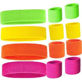 Neon Sweatbands Set Includes Pink, Yellow, Green and Orange Headband and Wristbands, Sweat Bands Headbands for Women with Matching Wristbands, Sweatbands for Women for Halloween Costumes 80s