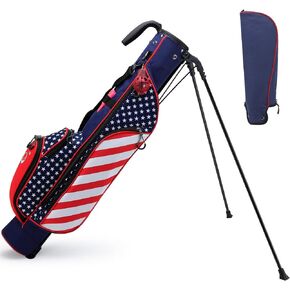 Golf Stand Bag, Lightweight Golf Club Bags with Stand, Detachable Strap, Small Carry Bags with 4 Pockets and Rain Hood, Ideal for Driving Range, Quick Nine and Par 3 Course, Gray/USA Flag