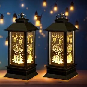 Hying 2 Pieces Ramadan Lanterns Decoration 5.2" Height Size Hanging Lamp Eid Mubarak Flameless Candle Lanterns with Transparent Glass Ramadan Kids Gifts LED Eid Mubarak Lamp for Home Tabletop Decor