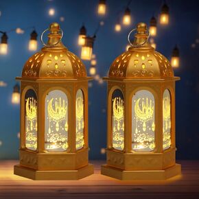 Hying 2 Pieces Ramadan Lanterns Decoration 5.2" Height Size Hanging Lamp Eid Mubarak Flameless Candle Lanterns with Transparent Glass Ramadan Kids Gifts LED Eid Mubarak Lamp for Home Tabletop Decor
