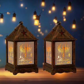 Hying قطعتين من فوانيس رمضان لتزيين فوانيس رمضان مقاس 5.2 بوصة، مصباح معلق لعيد مبارك، فوانيس شمعة عديمة اللهب مع زجاج شفاف، هدايا رمضان للأطفال، مصباح LED لعيد مبارك لديكور سطح الطاولة المنزلي