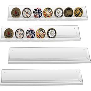 Wall Mounted Acrylic Coin Display Stand,Single Row Military Coins Collection Shelf,Challenge Coin Display stand,for Casino Poker Chips Collectibles 13" W X 1.9" H X 1.3"D（4Pieces）