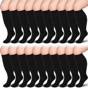 Suhine 10 Pairs 5XL Plus Size Compression Socks Wide Calf Support Socks for Women 20-30 mmHg Compression Compression Stockings for Women Men, Black