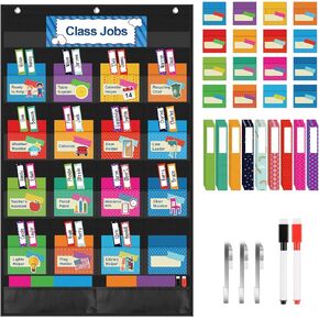 KIKIGOAL Class Jobs Pocket Chart Bulletin Board for School Classroom,Teacher's Helper Classroom Management Educational Pocket Chart (Blue)