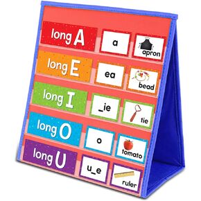 Tabletop Pocket Chart for Classroom, Small Double Sided Pocket Chart for Kids Learning at Home (Red-Blue)