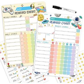 Magnetic Dry Erase Chore Chart for Two Kids at Home, Reward Chart for Kids Behavior. Includes 52 Static Tasks,126 Golden Stars and 8.5"x12" Video Game& Rainbow Magnetic Charts Each