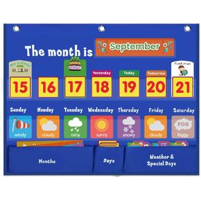 VNOM Weekly Calendar with Weather Pocket Chart Elementary for Classroom Home,98 Bright Cards Included,Learning Pocket Chart Calendar for Kids Toddlers
