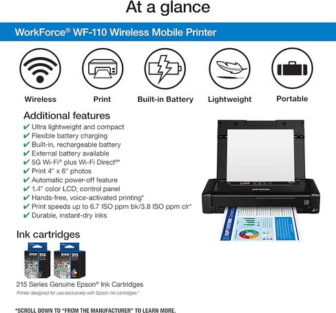 Epson Workforce WF-110 Wireless Color Mobile Printer,White, Small,Black | Portable wireless color printing; up to 6.7 ppm, rechargeable battery, USB; ideal for businesses, travel and remote work in Kuwait