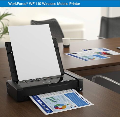 Epson Workforce WF-110 Wireless Color Mobile Printer,White, Small,Black | Portable wireless color printing; up to 6.7 ppm, rechargeable battery, USB; ideal for businesses, travel and remote work in Kuwait