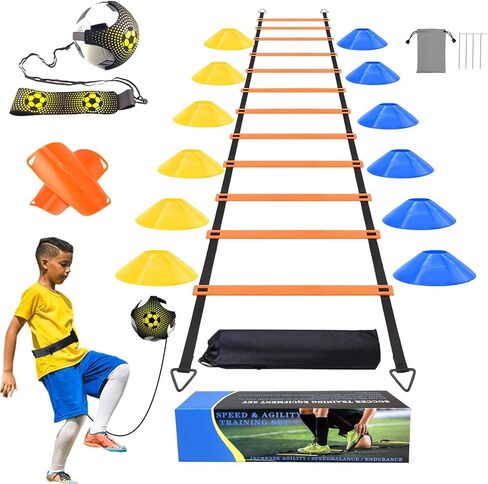 Soccer Agility Training Equipment Set, Football Accessories 12 Rung 20Ft Agility Ladder, 12 Disc Cones, Solo Soccer Trainer, Shin Guards - Speed Training Equipment Gifts for boy Girls in Kuwait