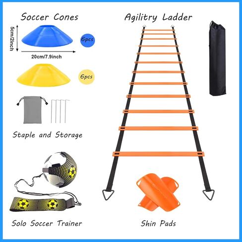 Soccer Agility Training Equipment Set, Football Accessories 12 Rung 20Ft Agility Ladder, 12 Disc Cones, Solo Soccer Trainer, Shin Guards - Speed Training Equipment Gifts for boy Girls in Kuwait