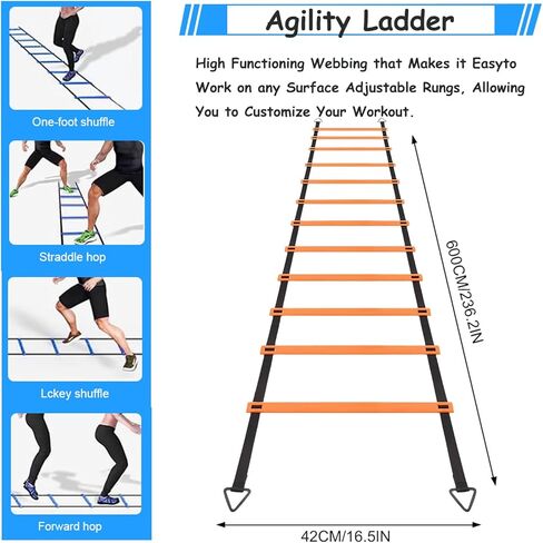 Soccer Agility Training Equipment Set, Football Accessories 12 Rung 20Ft Agility Ladder, 12 Disc Cones, Solo Soccer Trainer, Shin Guards - Speed Training Equipment Gifts for boy Girls in Kuwait