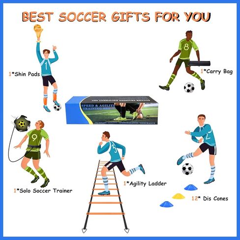 Soccer Agility Training Equipment Set, Football Accessories 12 Rung 20Ft Agility Ladder, 12 Disc Cones, Solo Soccer Trainer, Shin Guards - Speed Training Equipment Gifts for boy Girls in Kuwait