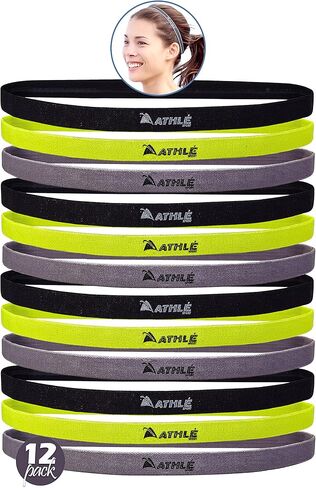 Athlé Skinny Headbands for Women and Men - 12 Pack - Elastic Hair Bands with Non Slip Silicone Grip - Lightweight and Comfortable Thin Headbands in Kuwait