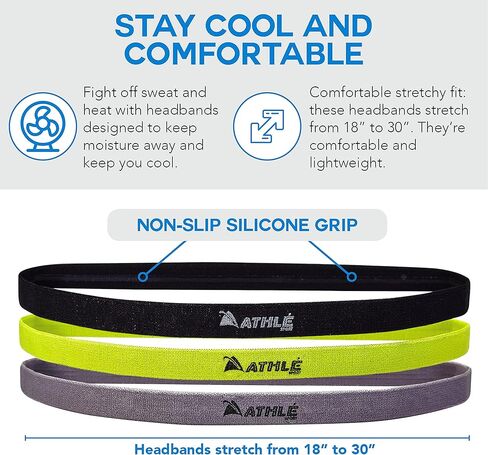 Athlé Skinny Headbands for Women and Men - 12 Pack - Elastic Hair Bands with Non Slip Silicone Grip - Lightweight and Comfortable Thin Headbands in Kuwait