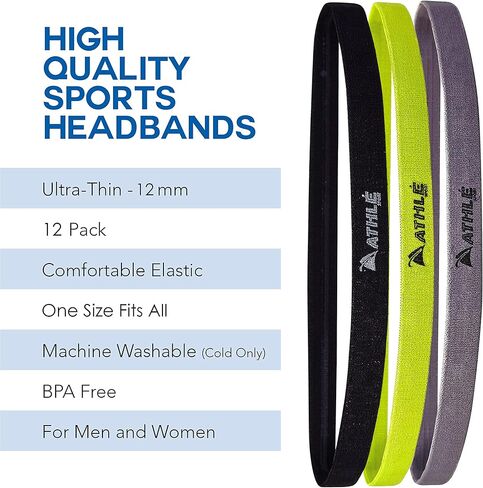 Athlé Skinny Headbands for Women and Men - 12 Pack - Elastic Hair Bands with Non Slip Silicone Grip - Lightweight and Comfortable Thin Headbands in Kuwait