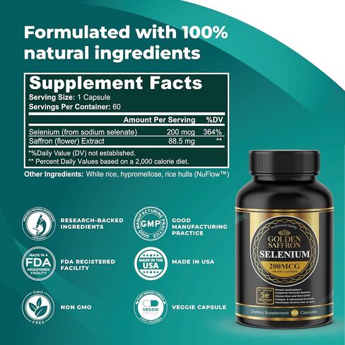 Golden Saffron Selenium (200mcg Selenium & 88.5 mg Saffron Extract) - to Support Overall Health, Non-GMO, Gluten Free, Dairy Free, with Unique and Advanced Formula – Made in USA & Tasteless. in Saudi Arabia