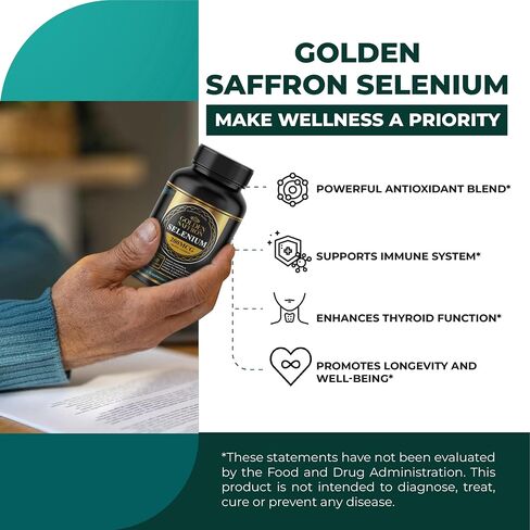 Golden Saffron Selenium (200mcg Selenium & 88.5 mg Saffron Extract) - to Support Overall Health, Non-GMO, Gluten Free, Dairy Free, with Unique and Advanced Formula – Made in USA & Tasteless. in Saudi Arabia