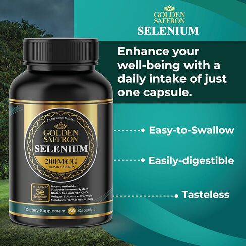 Golden Saffron Selenium (200mcg Selenium & 88.5 mg Saffron Extract) - to Support Overall Health, Non-GMO, Gluten Free, Dairy Free, with Unique and Advanced Formula – Made in USA & Tasteless. in Saudi Arabia