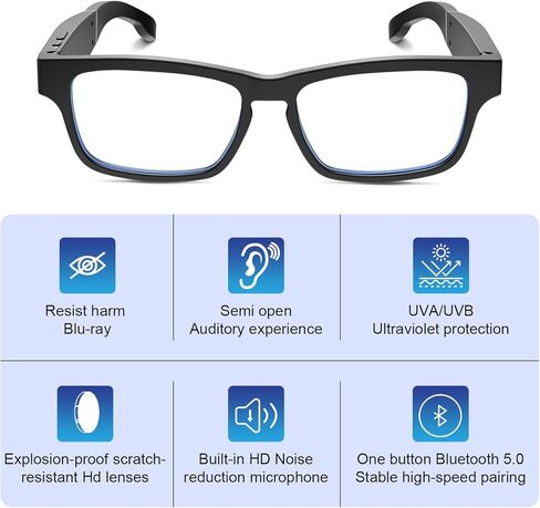 نظارات ذكية، نظارات بلوتوث مع مكبرات صوت للتحكم بنقرة واحدة في لعبة المكالمات الواضحة وعدسات مضادة للضوء الأزرق - نظارات صوت بلوتوث لاسلكية ذكية للرجال والنساء (أسود) in Kuwait
