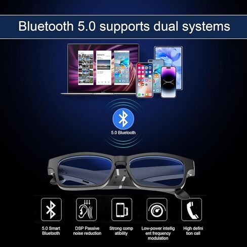 نظارات ذكية، نظارات بلوتوث مع مكبرات صوت للتحكم بنقرة واحدة في لعبة المكالمات الواضحة وعدسات مضادة للضوء الأزرق - نظارات صوت بلوتوث لاسلكية ذكية للرجال والنساء (أسود) in Kuwait