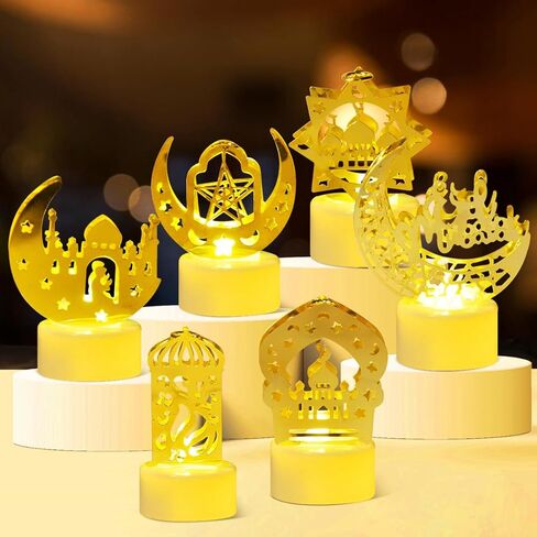 6 قطع من KISPATTI زينة أضواء رمضان للمنزل، أضواء فانوس رمضان صغيرة لتزيين مسجد نجمة القمر الذهبي LED ضوء شمعة لعيد مبارك ديكور حفلات إسلامية إسلامية زخارف طاولة in Kuwait