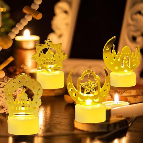 6 قطع من KISPATTI زينة أضواء رمضان للمنزل، أضواء فانوس رمضان صغيرة لتزيين مسجد نجمة القمر الذهبي LED ضوء شمعة لعيد مبارك ديكور حفلات إسلامية إسلامية زخارف طاولة in Kuwait