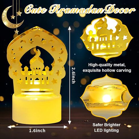 6 قطع من KISPATTI زينة أضواء رمضان للمنزل، أضواء فانوس رمضان صغيرة لتزيين مسجد نجمة القمر الذهبي LED ضوء شمعة لعيد مبارك ديكور حفلات إسلامية إسلامية زخارف طاولة in Kuwait