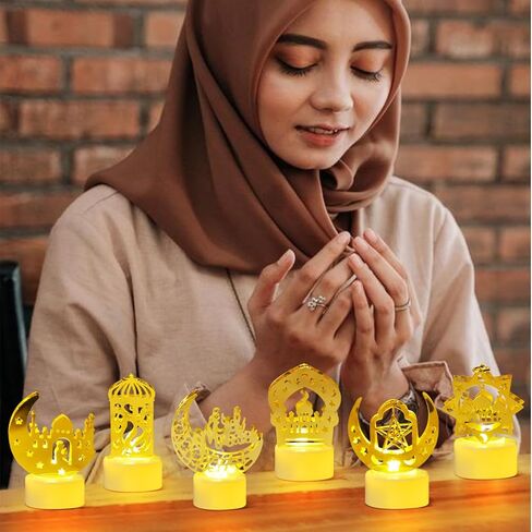 6 قطع من KISPATTI زينة أضواء رمضان للمنزل، أضواء فانوس رمضان صغيرة لتزيين مسجد نجمة القمر الذهبي LED ضوء شمعة لعيد مبارك ديكور حفلات إسلامية إسلامية زخارف طاولة in Kuwait