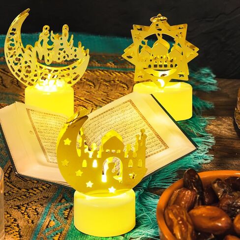 6 قطع من KISPATTI زينة أضواء رمضان للمنزل، أضواء فانوس رمضان صغيرة لتزيين مسجد نجمة القمر الذهبي LED ضوء شمعة لعيد مبارك ديكور حفلات إسلامية إسلامية زخارف طاولة in Kuwait