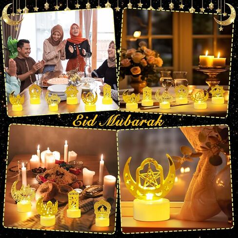 6 قطع من KISPATTI زينة أضواء رمضان للمنزل، أضواء فانوس رمضان صغيرة لتزيين مسجد نجمة القمر الذهبي LED ضوء شمعة لعيد مبارك ديكور حفلات إسلامية إسلامية زخارف طاولة in Kuwait