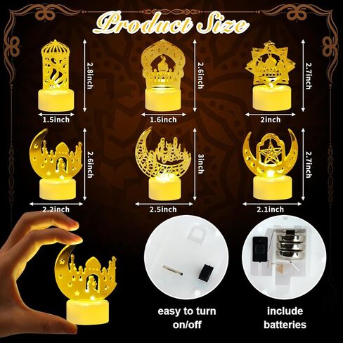 6 قطع من KISPATTI زينة أضواء رمضان للمنزل، أضواء فانوس رمضان صغيرة لتزيين مسجد نجمة القمر الذهبي LED ضوء شمعة لعيد مبارك ديكور حفلات إسلامية إسلامية زخارف طاولة in Kuwait