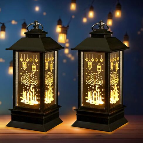 Hying 2 Pieces Ramadan Lanterns Decoration 5.2" Height Size Hanging Lamp Eid Mubarak Flameless Candle Lanterns with Transparent Glass Ramadan Kids Gifts LED Eid Mubarak Lamp for Home Tabletop Decor in Saudi Arabia