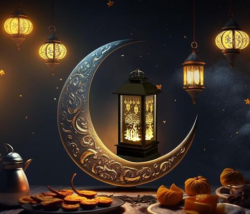 Hying 2 Pieces Ramadan Lanterns Decoration 5.2" Height Size Hanging Lamp Eid Mubarak Flameless Candle Lanterns with Transparent Glass Ramadan Kids Gifts LED Eid Mubarak Lamp for Home Tabletop Decor in Saudi Arabia