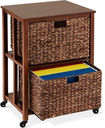 Best Choice Products Vertical Rolling File Cabinet, Multipurpose Portable Water Hyacinth Basket Organizer for Home Office, Workspace w/Rubberwood Frame, Metal Sliders, Locking Caster Wheels - Mocha in Kuwait
