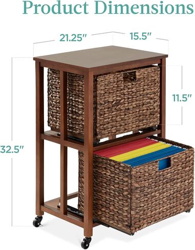 Best Choice Products Vertical Rolling File Cabinet, Multipurpose Portable Water Hyacinth Basket Organizer for Home Office, Workspace w/Rubberwood Frame, Metal Sliders, Locking Caster Wheels - Mocha in Kuwait