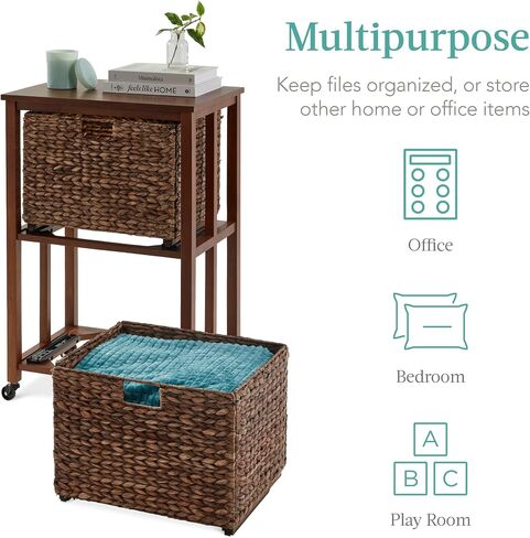 Best Choice Products Vertical Rolling File Cabinet, Multipurpose Portable Water Hyacinth Basket Organizer for Home Office, Workspace w/Rubberwood Frame, Metal Sliders, Locking Caster Wheels - Mocha in Kuwait