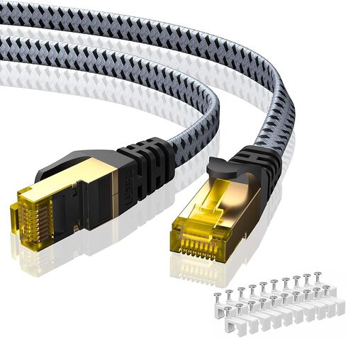 ARISKEEN Cat 8 Ethernet Cable 10 FT 2 Pack, Nylon Braided High Speed Cat8 Network LAN Patch Cord, 40Gbps 2000Mhz Shielded RJ45 Flat Internet Cable in Wall, Indoor & Outdoor for Modem/Router/PC (Grey) in Saudi Arabia