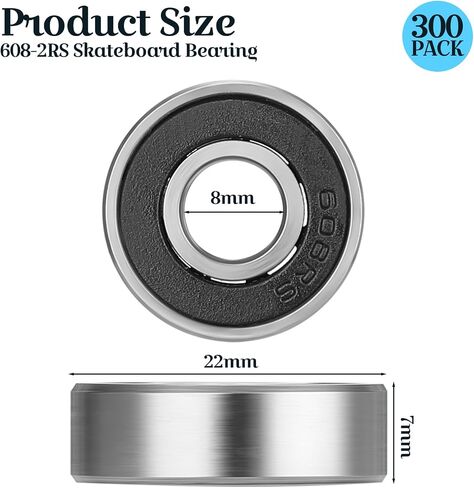 300 Pcs 608-2RS Skateboard Bearings Ball Bearing Double Sealed Miniature Deep Groove Roller Bearings for Skateboards, Inline Skate, Roller Skates (8 x 22 x 7mm) in Saudi Arabia