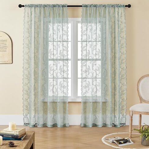 مجموعة توني ستائر شفافة من الدانتيل باللون الأزرق الفاتح - لوحات من الدانتيل الريفي بتصميم الأزهار 2 لغرفة المعيشة، 84 بوصة معالجة نافذة تصفية ضوء الشمس لغرفة النوم (52 × 84 بوصة، أزرق فاتح، لوحتان) in Kuwait