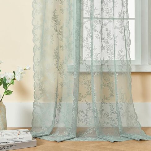 مجموعة توني ستائر شفافة من الدانتيل باللون الأزرق الفاتح - لوحات من الدانتيل الريفي بتصميم الأزهار 2 لغرفة المعيشة، 84 بوصة معالجة نافذة تصفية ضوء الشمس لغرفة النوم (52 × 84 بوصة، أزرق فاتح، لوحتان) in Kuwait