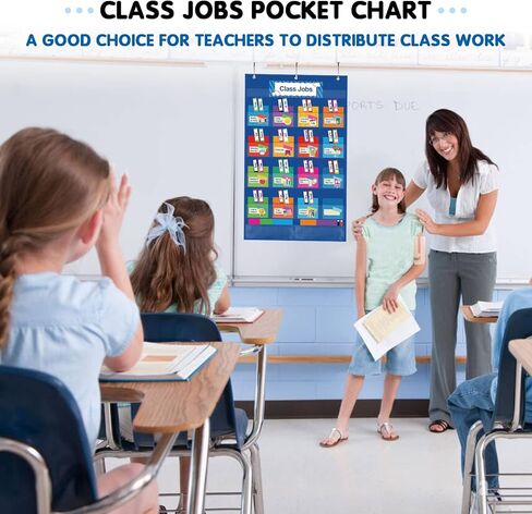 KIKIGOAL Class Jobs Pocket Chart Bulletin Board for School Classroom,Teacher's Helper Classroom Management Educational Pocket Chart (Blue) in Kuwait