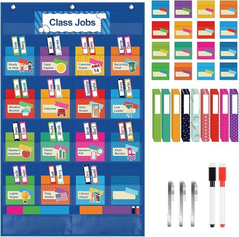 KIKIGOAL Class Jobs Pocket Chart Bulletin Board for School Classroom,Teacher's Helper Classroom Management Educational Pocket Chart (Blue) in Kuwait