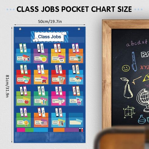 KIKIGOAL Class Jobs Pocket Chart Bulletin Board for School Classroom,Teacher's Helper Classroom Management Educational Pocket Chart (Blue) in Kuwait