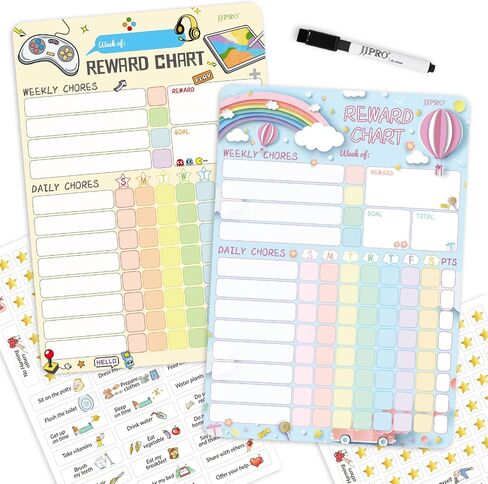 Magnetic Dry Erase Chore Chart for Two Kids at Home, Reward Chart for Kids Behavior. Includes 52 Static Tasks,126 Golden Stars and 8.5"x12" Video Game& Rainbow Magnetic Charts Each in Saudi Arabia