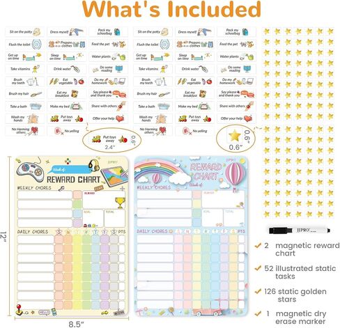 Magnetic Dry Erase Chore Chart for Two Kids at Home, Reward Chart for Kids Behavior. Includes 52 Static Tasks,126 Golden Stars and 8.5"x12" Video Game& Rainbow Magnetic Charts Each in Saudi Arabia