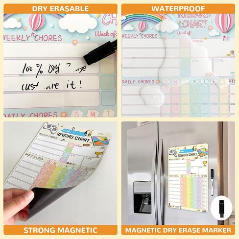 Magnetic Dry Erase Chore Chart for Two Kids at Home, Reward Chart for Kids Behavior. Includes 52 Static Tasks,126 Golden Stars and 8.5"x12" Video Game& Rainbow Magnetic Charts Each in Saudi Arabia