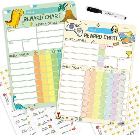 Magnetic Dry Erase Chore Chart for Two Kids at Home, Reward Chart for Kids Behavior. Includes 52 Static Tasks,126 Golden Stars and 8.5"x12" Video Game& Rainbow Magnetic Charts Each in Saudi Arabia