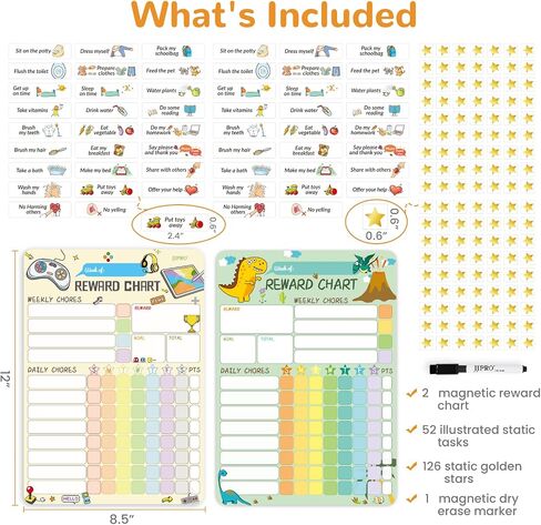 Magnetic Dry Erase Chore Chart for Two Kids at Home, Reward Chart for Kids Behavior. Includes 52 Static Tasks,126 Golden Stars and 8.5"x12" Video Game& Rainbow Magnetic Charts Each in Saudi Arabia